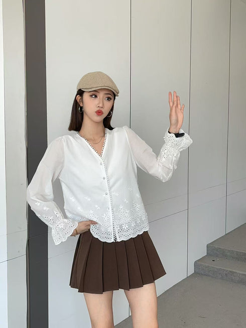 Women Summer Cotton Embroidered V-Neck Button Down Tops